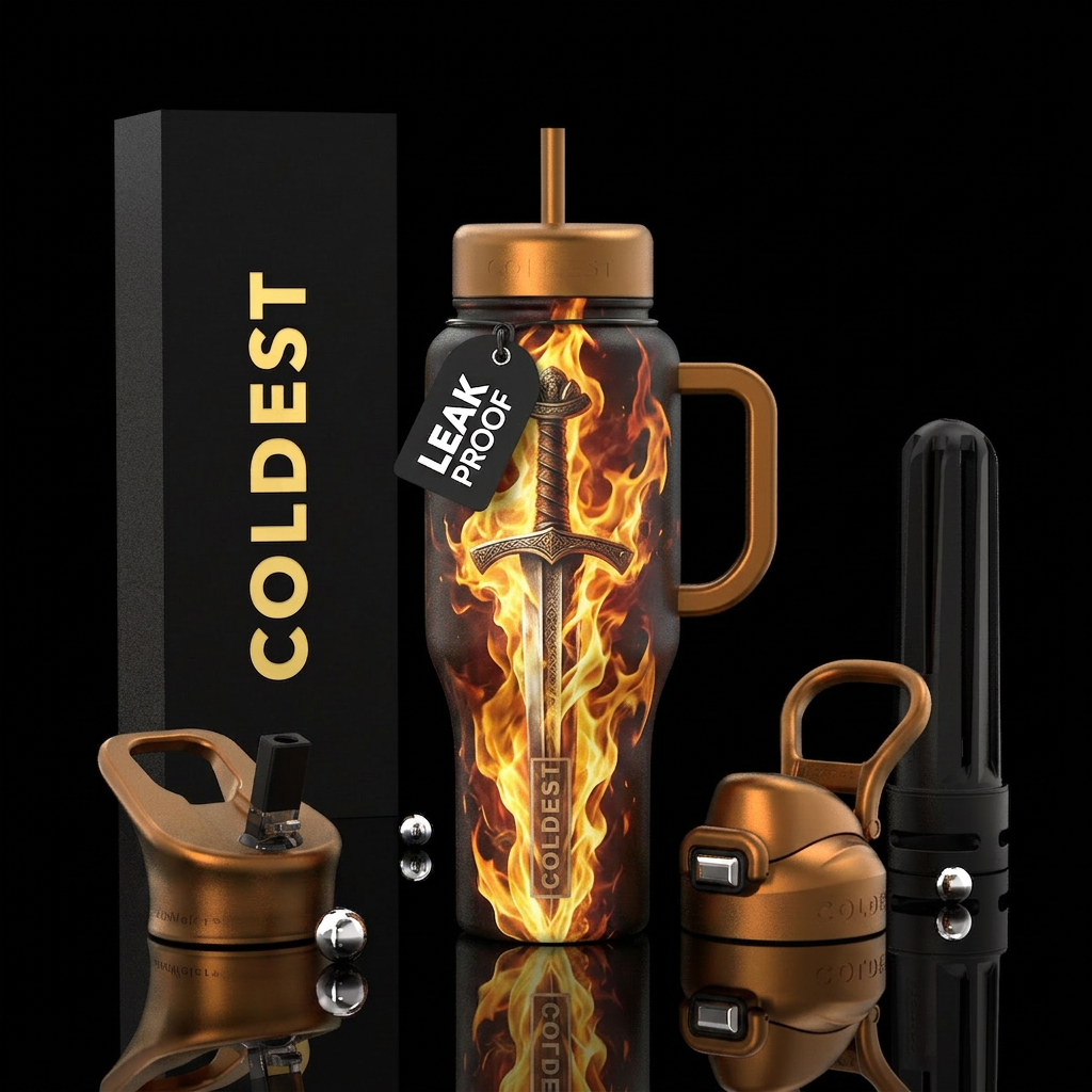 Valhalla sword on fire water bottle design