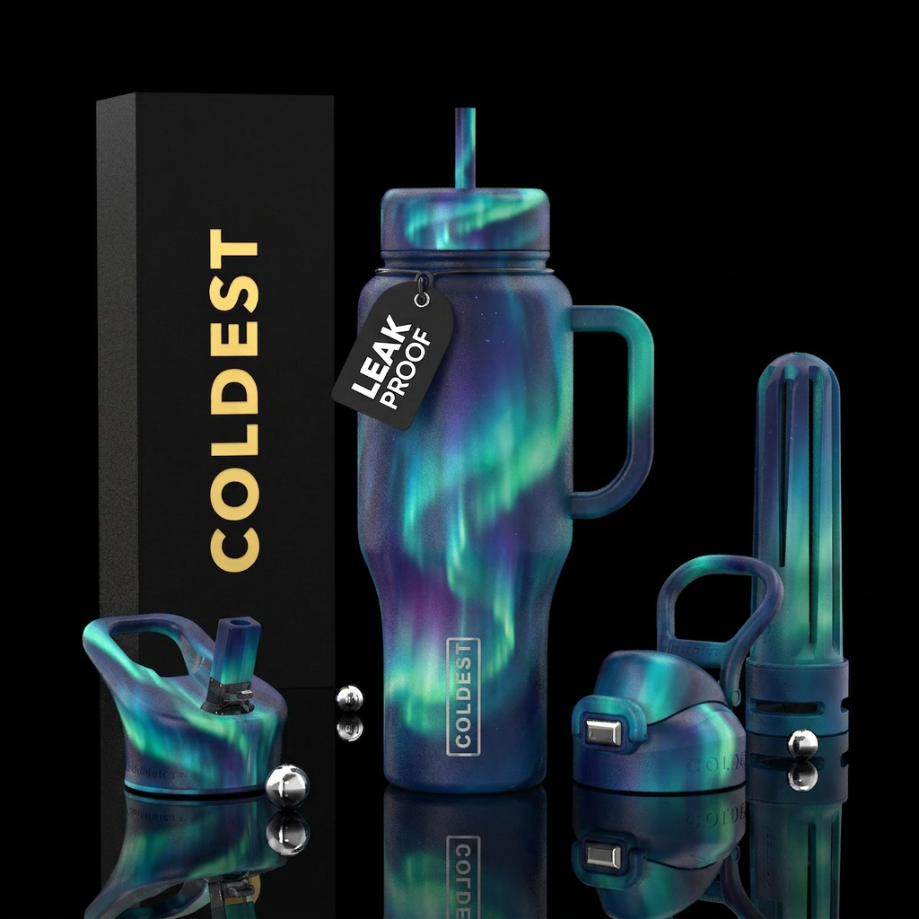 Aurora borealis reflections water bottle design