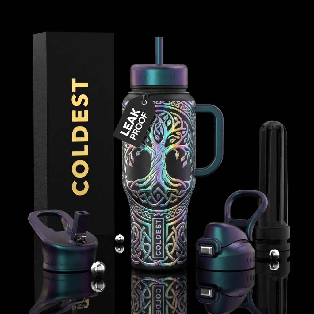Holographic Celtic tree of life water bottle design