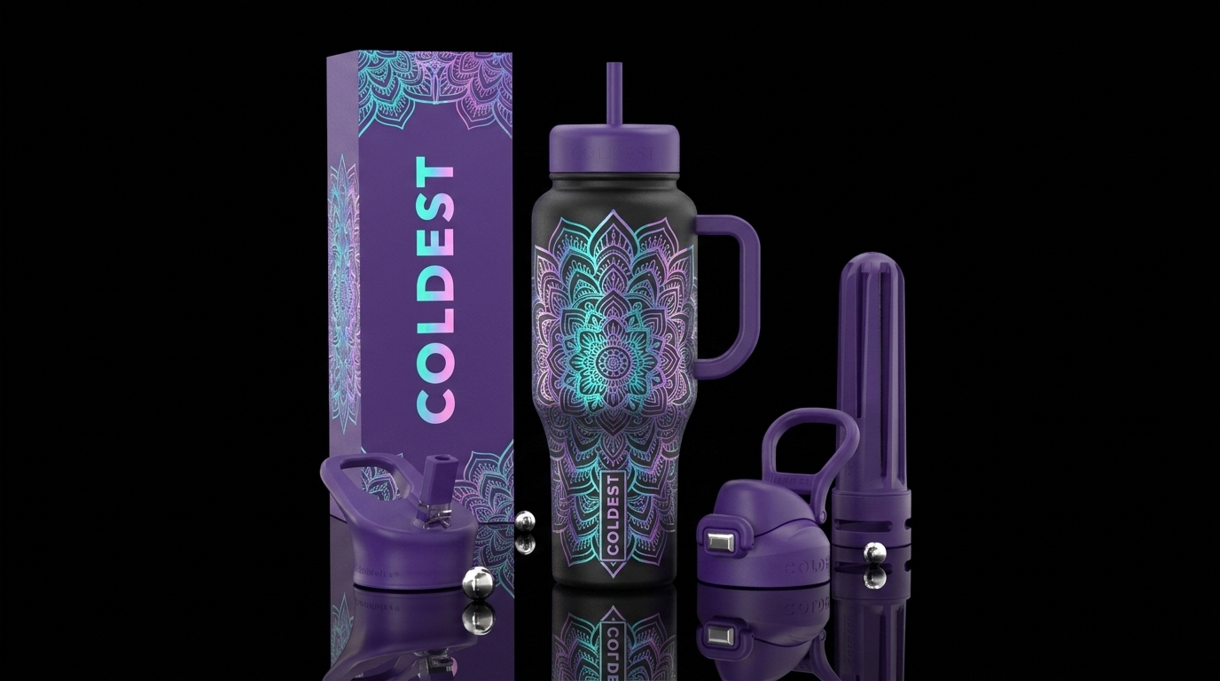 Holographic mandala water bottle design