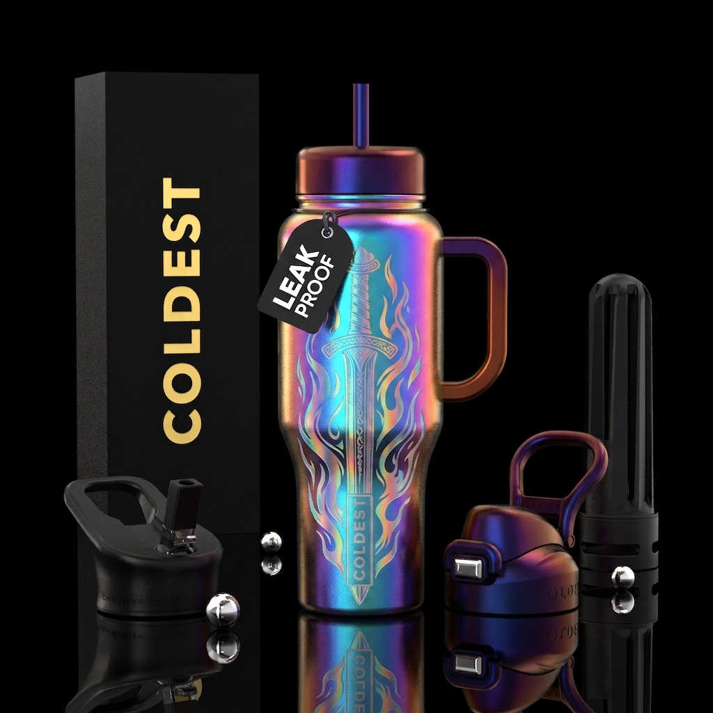 Holographic viking sword on fire water bottle design