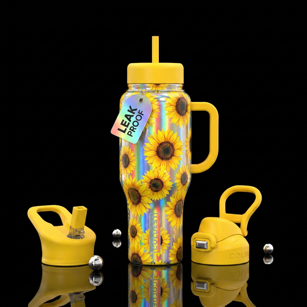 Holographic and covered in sunflowers water bottle design