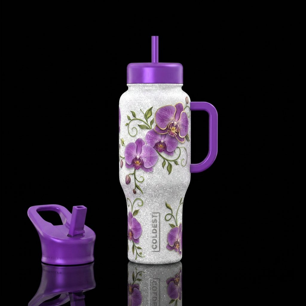 Purple orchid on white glitter water bottle design