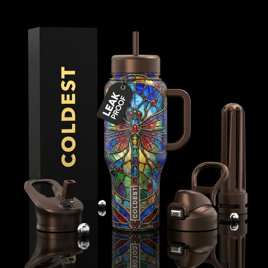 Stain glass dragonfly water bottle design