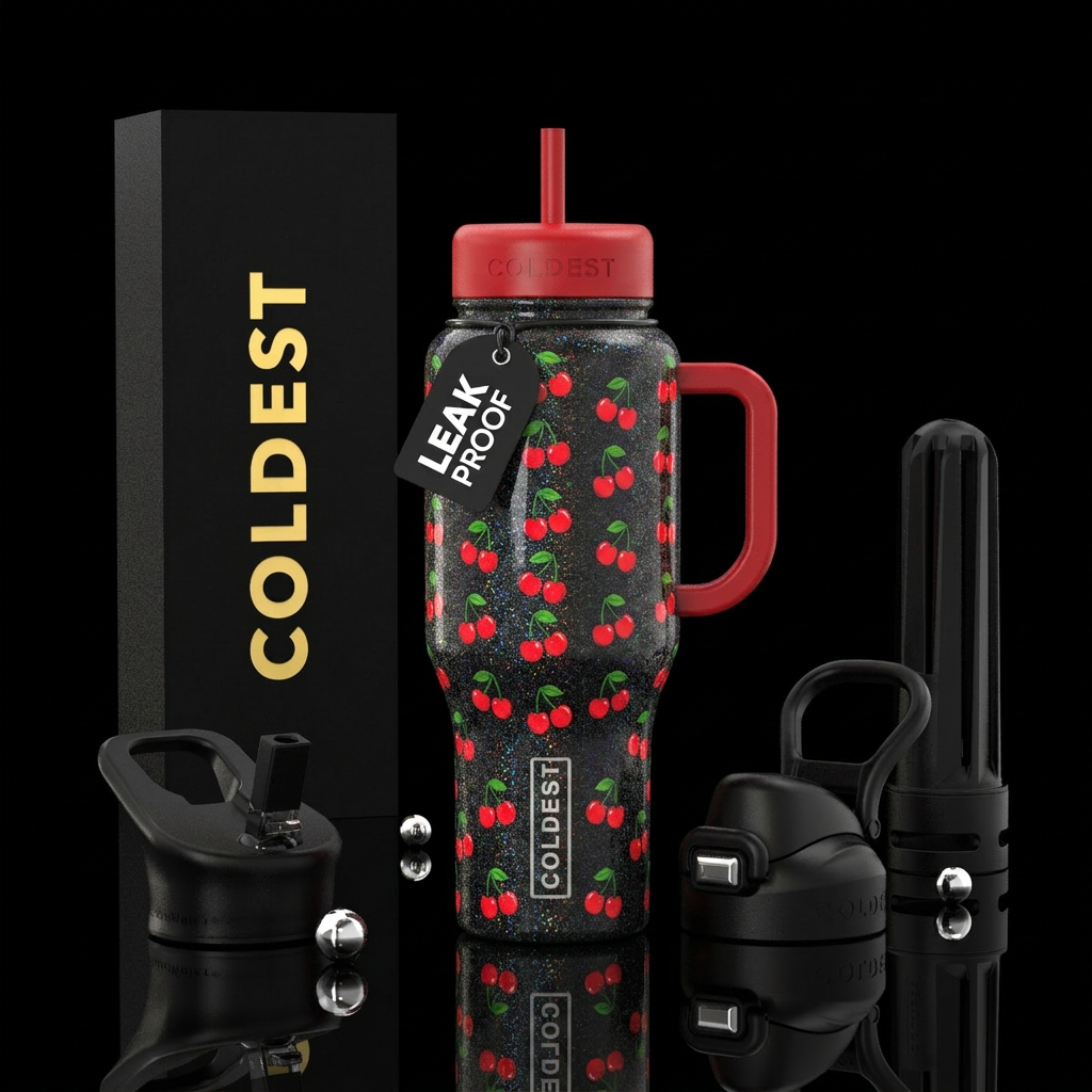 Black glitter holo bottle with bright red small ch... water bottle design