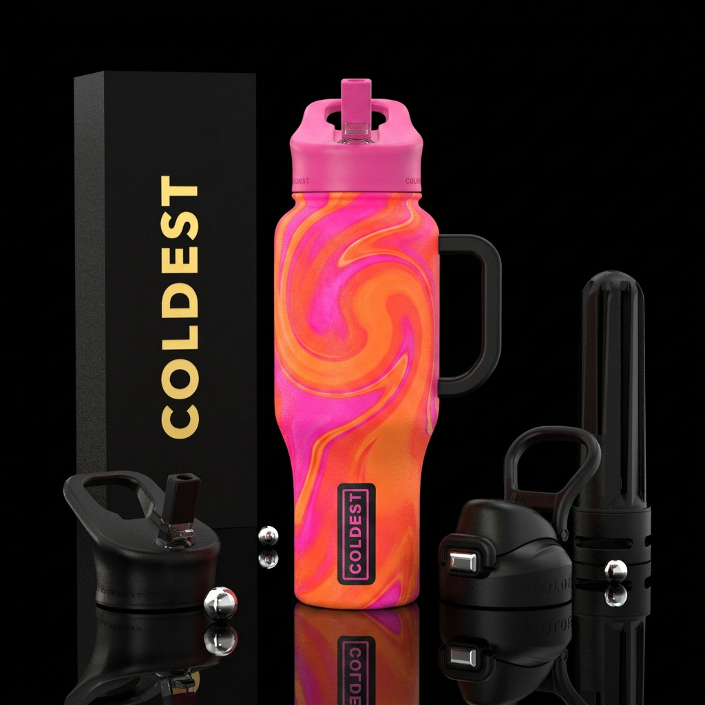 Textured Neon Pink and orange swirl tropidelic vibes with glowing accents water bottle design