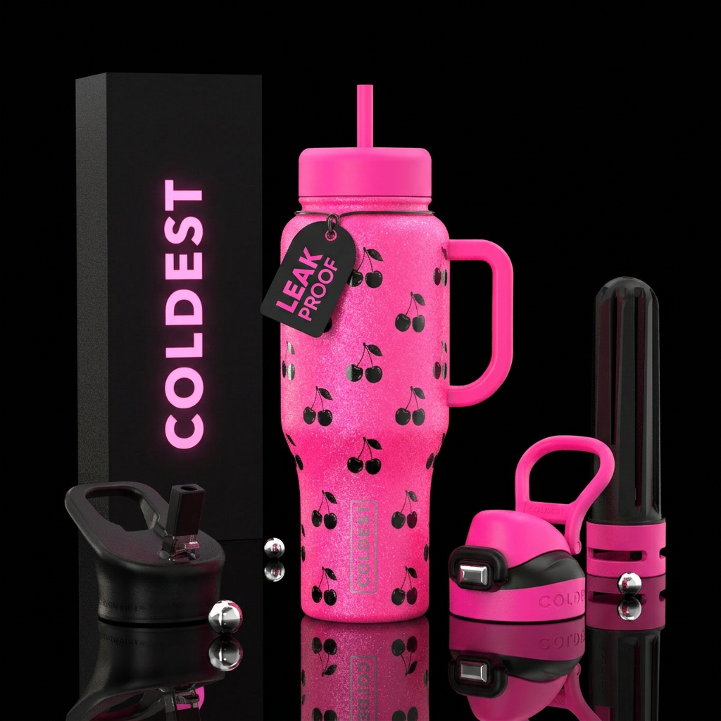 Neon glitter pink bottle with black cherries water bottle design