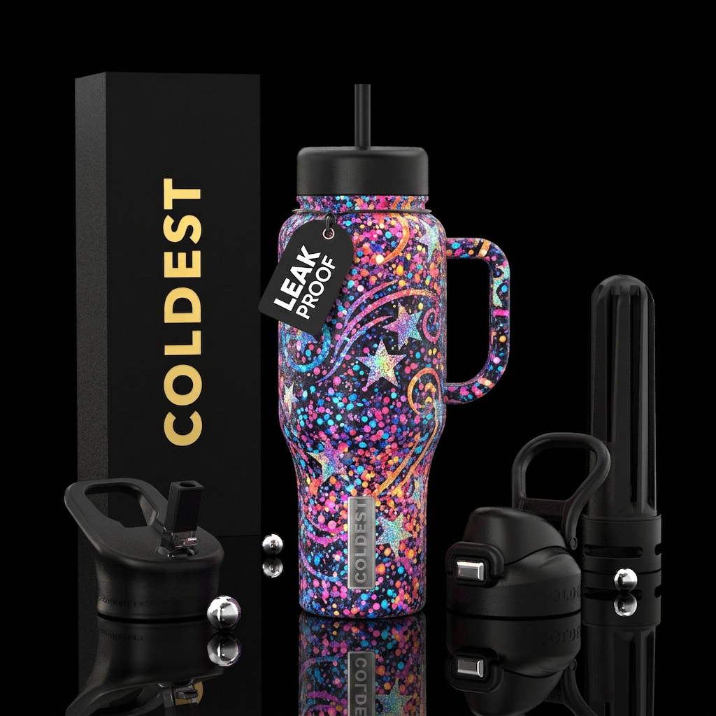 Retro hippie neon glitter abstract stars swirls water bottle design