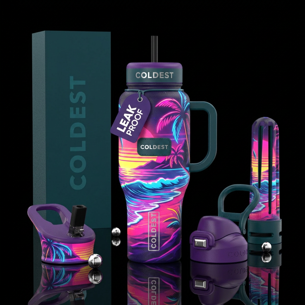 Neon beach water bottle design