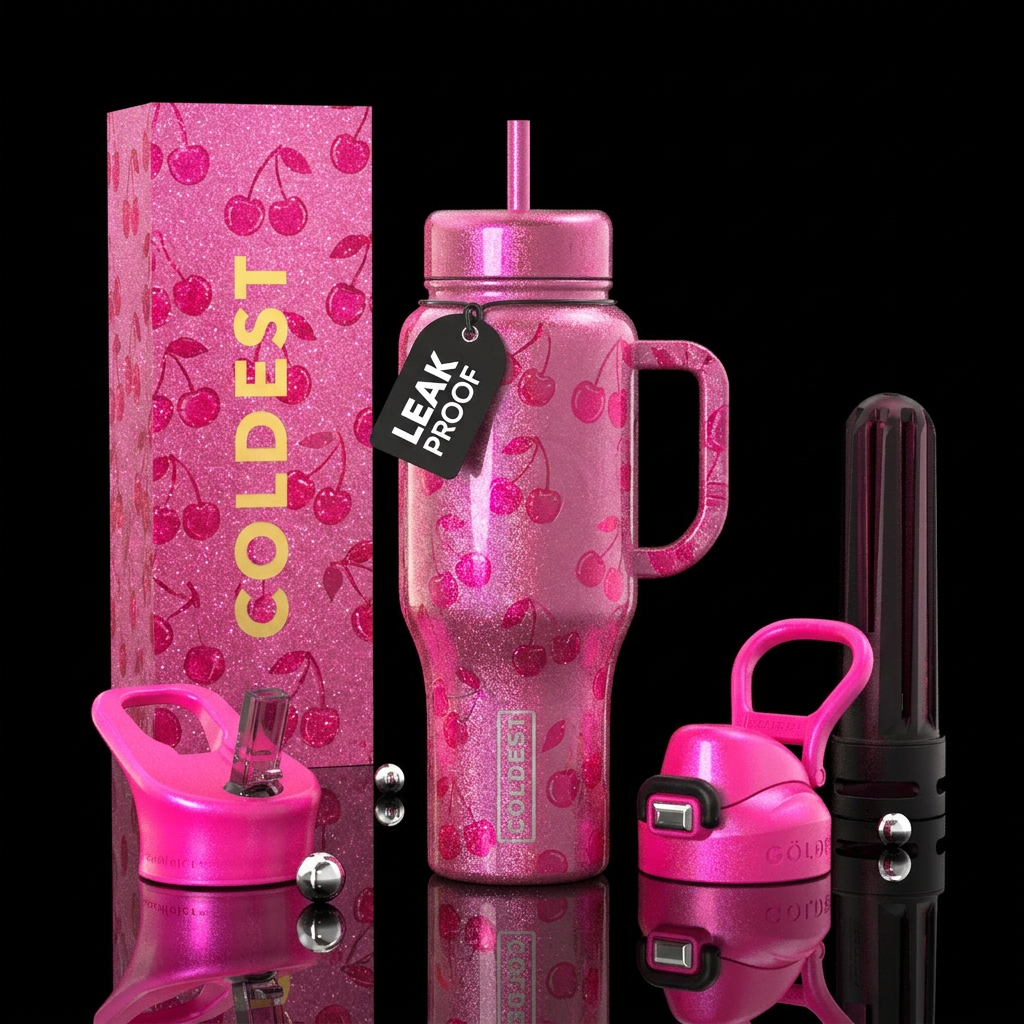 Unique cherry design hot or neon pink shimmers water bottle design