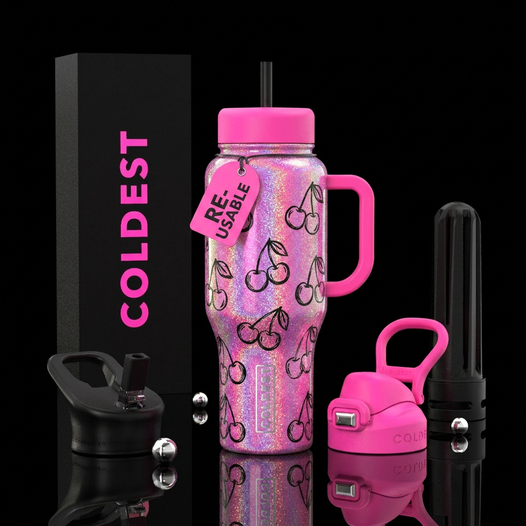 Neon pink holo glitter with black hand drawn cherr... water bottle design