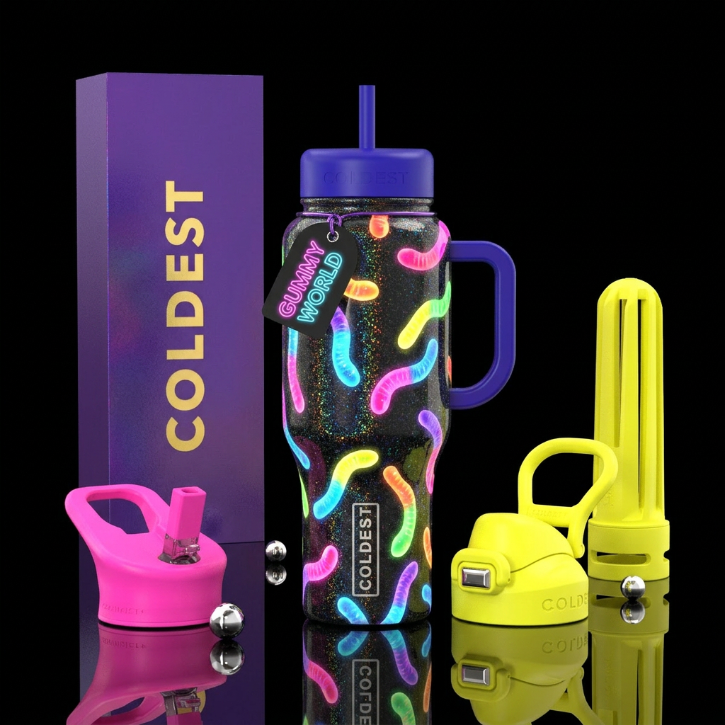 Black glitter holo cup with neon trolli gummy worm... water bottle design