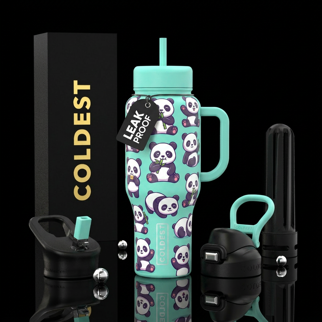 Cute colorful pandas water bottle design