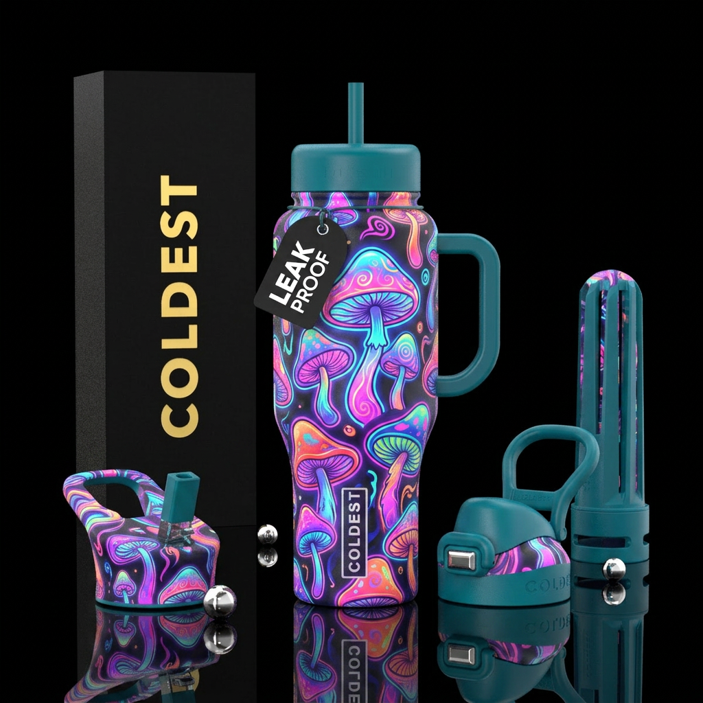 Psychedelic neon mushroom cartoon drawings water bottle design