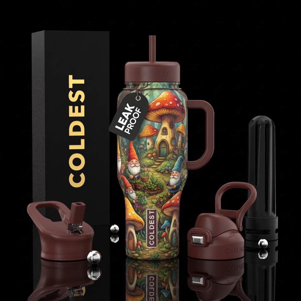 Gnomes and mushroom houses water bottle design