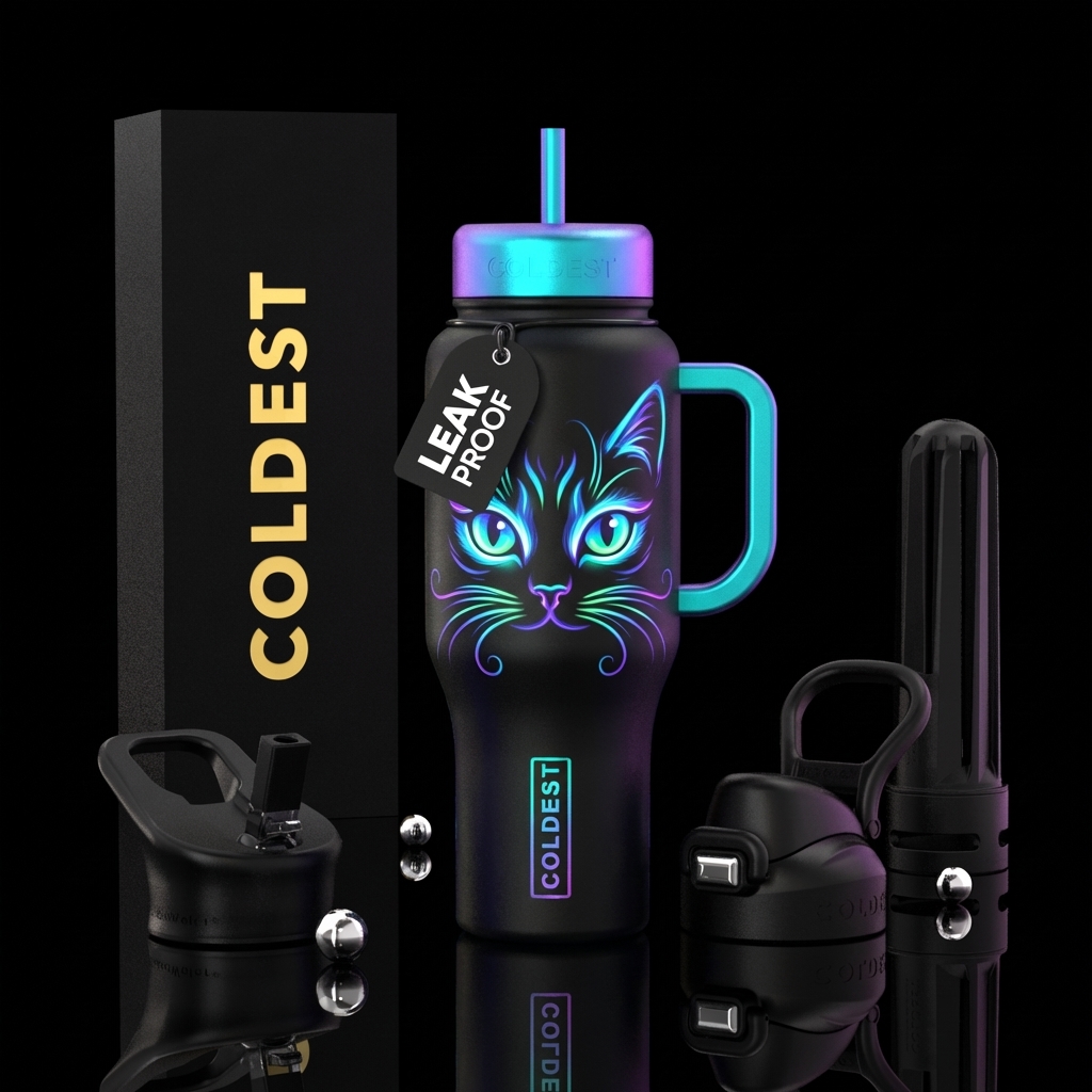 Kitty eyes and whiskers glowie water bottle design