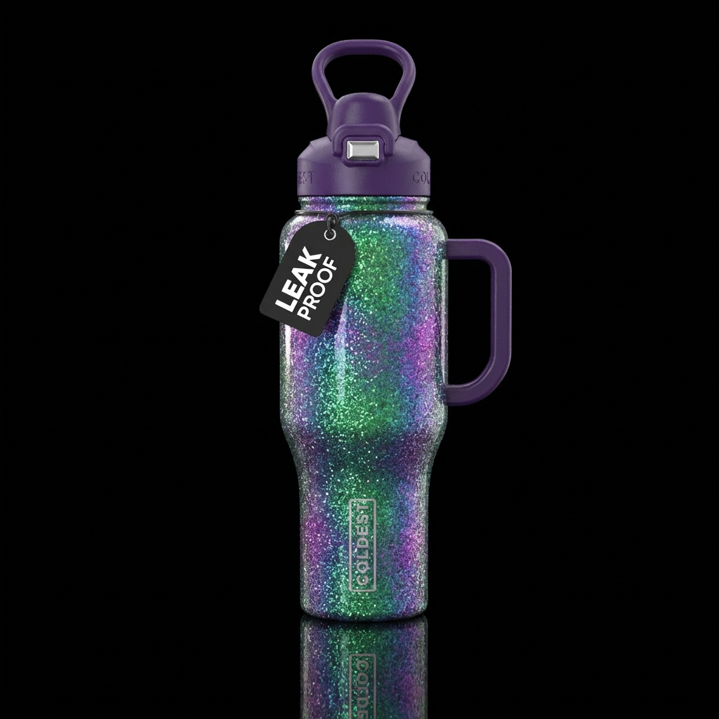 Green blue purple glitter water bottle design