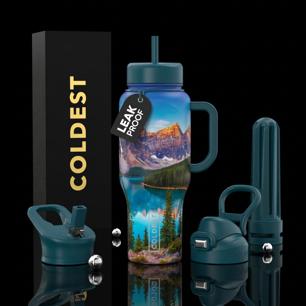 Mountains lake trees water bottle design