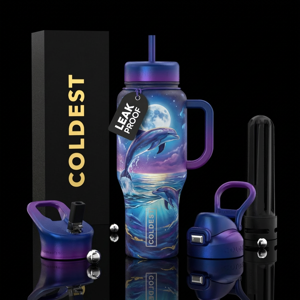 Ocean dolphin moon blue purple water bottle design