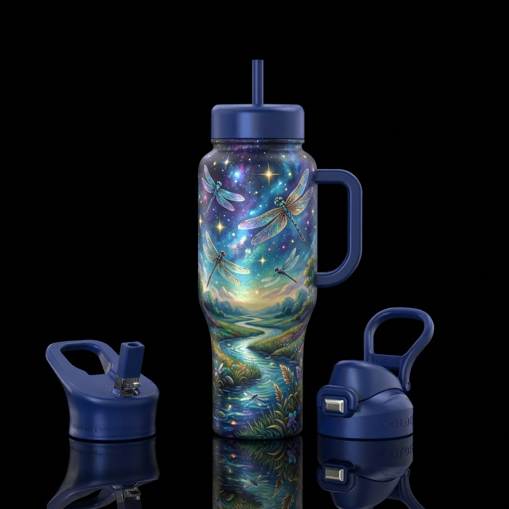 Dragonfly stars space stream meadow water bottle design