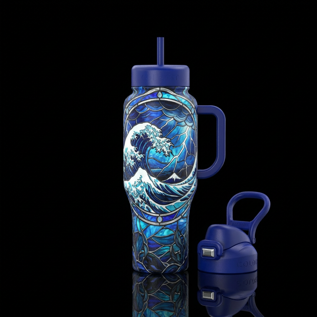stormy seas, electric blue, stained glass, etherea... water bottle design