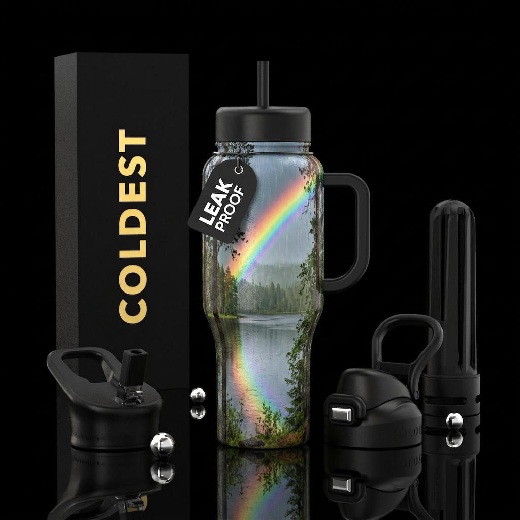 Rain lake trees rainbow water bottle design