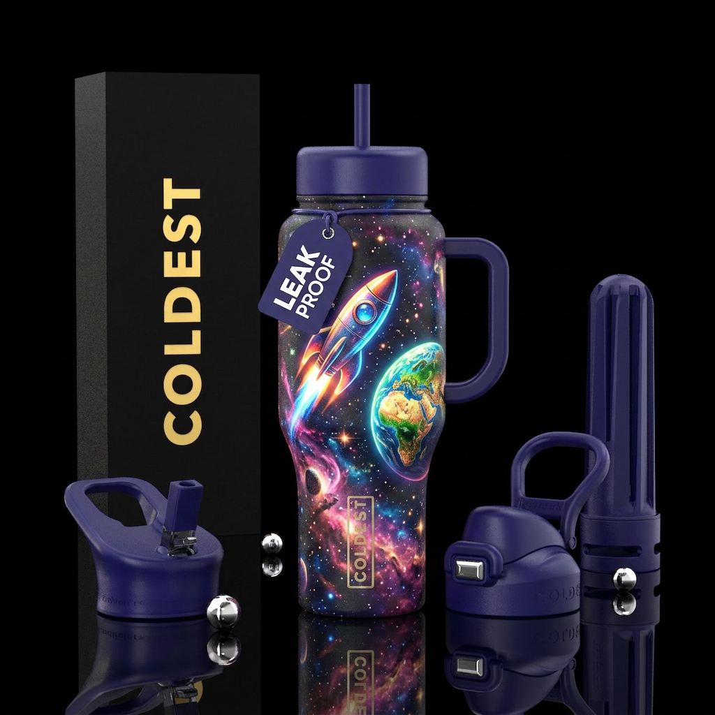 Glowie space, rocket, earth water bottle design