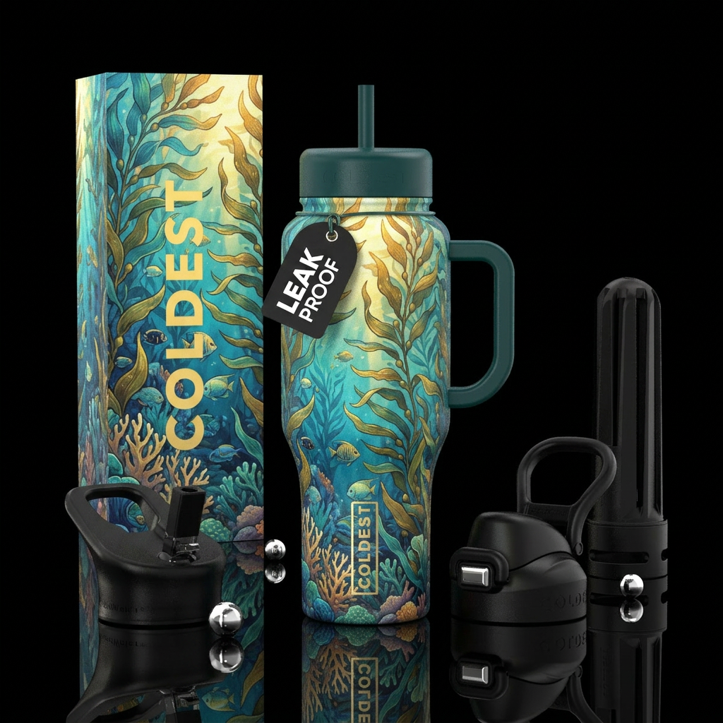 kelp forest, peaceful, tropical water bottle design