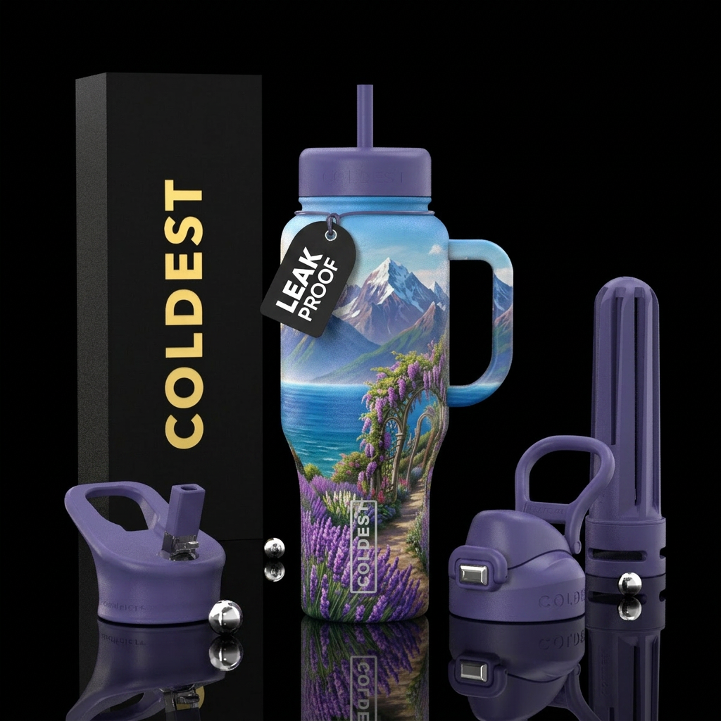 mountains, ocean, lavender field, secret garden water bottle design