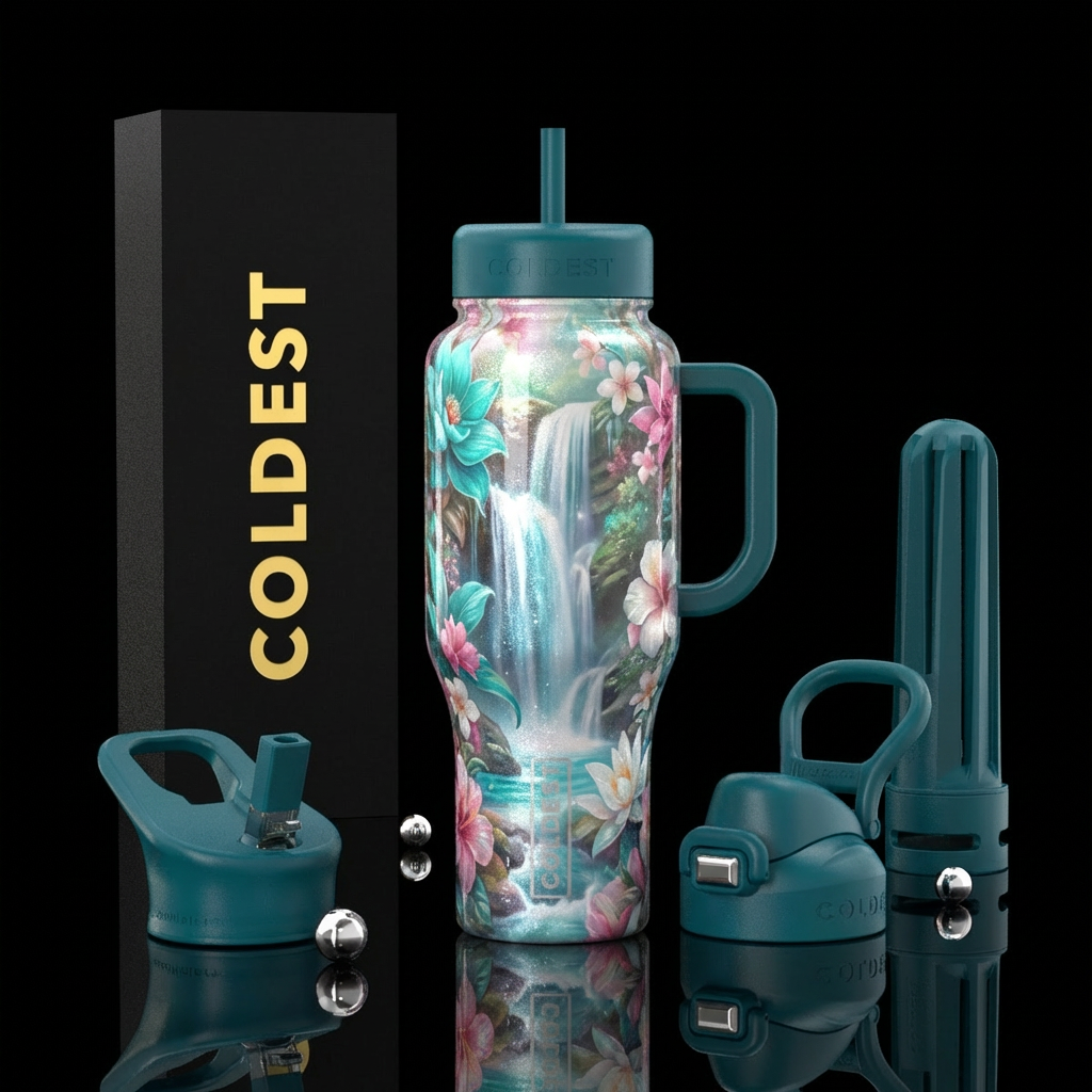 "A high-resolution, glossy, waterfall,exotic flowe... water bottle design