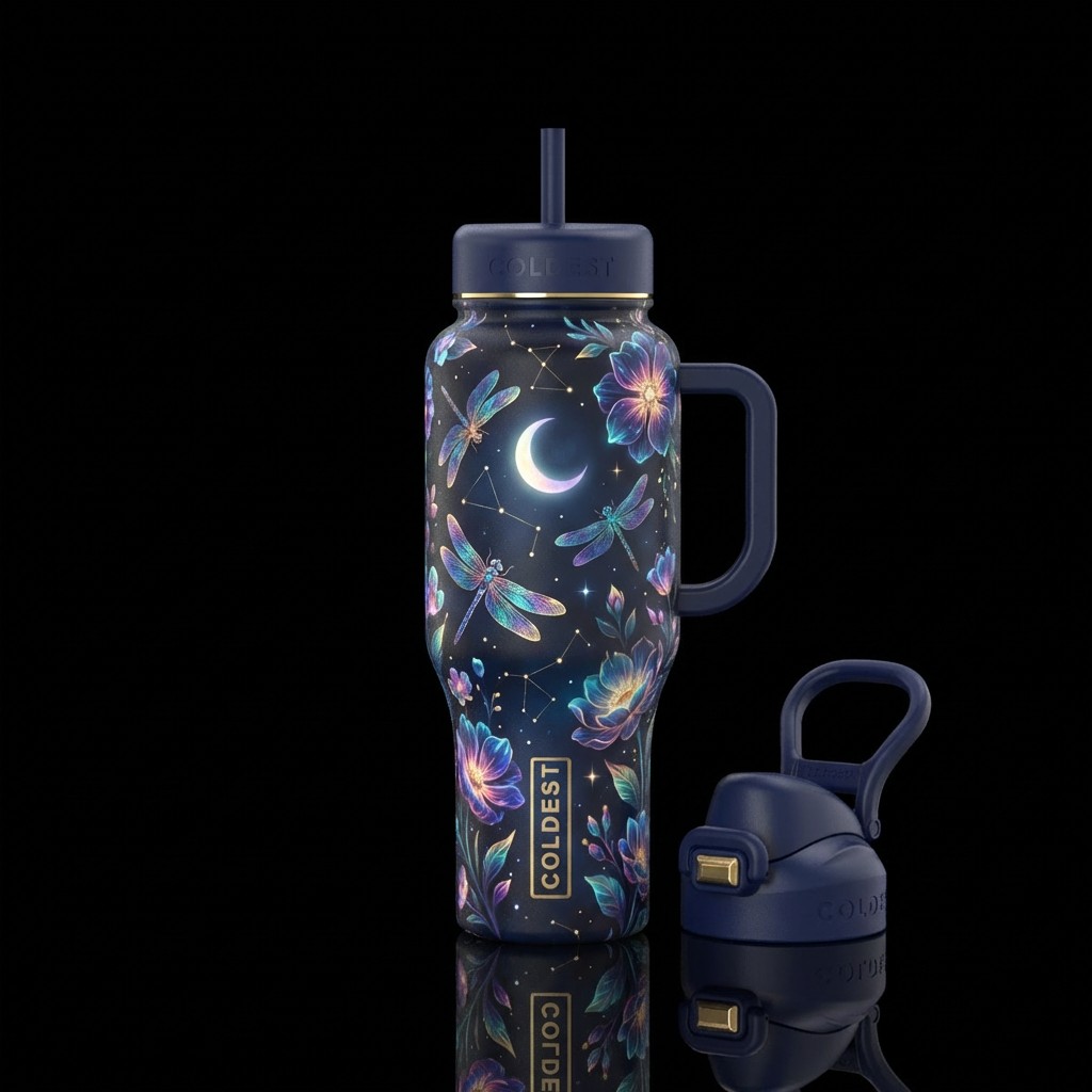 “Celestial Wild Garden” hybrid Dark background Flo... water bottle design