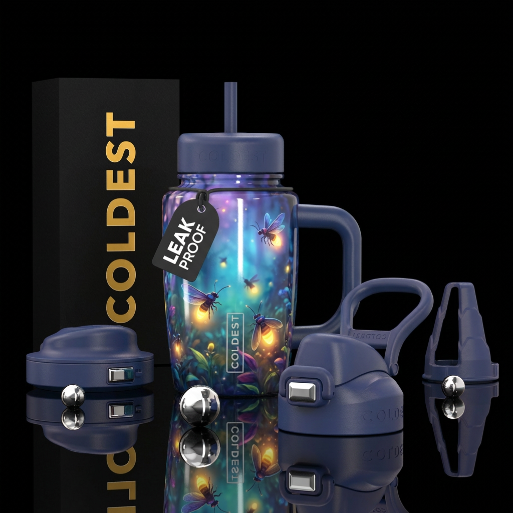 High resolution, glossy Fireflies glowing in a twi... water bottle design