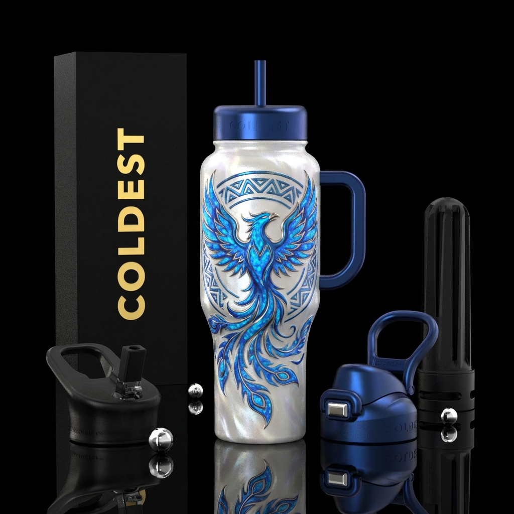 "3D Flaming blue phoenix, tribal, embossed, blue f... water bottle design