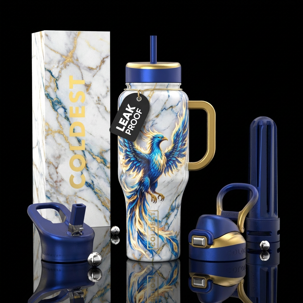 "3D high resolution flaming phoenix, blue fire opa... water bottle design