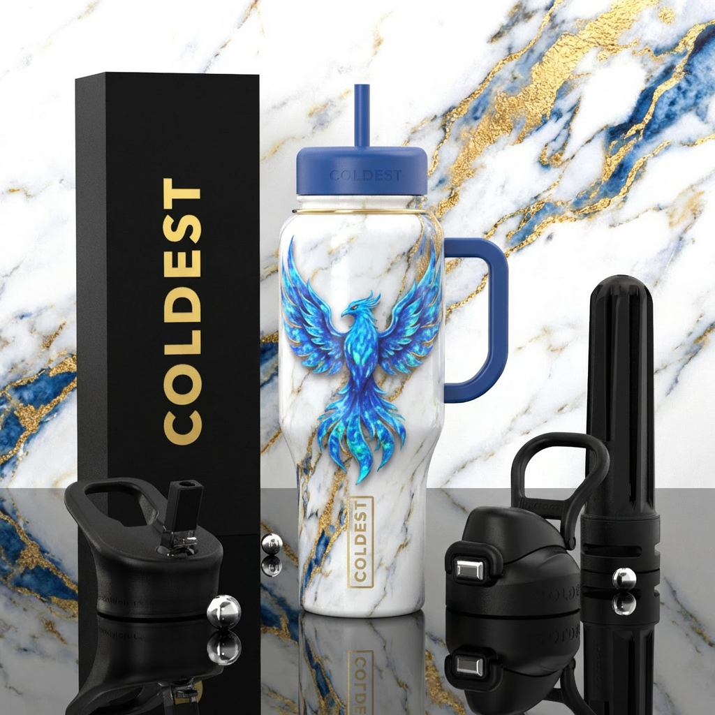 "3D high resolution flaming phoenix, blue fire opa... water bottle design