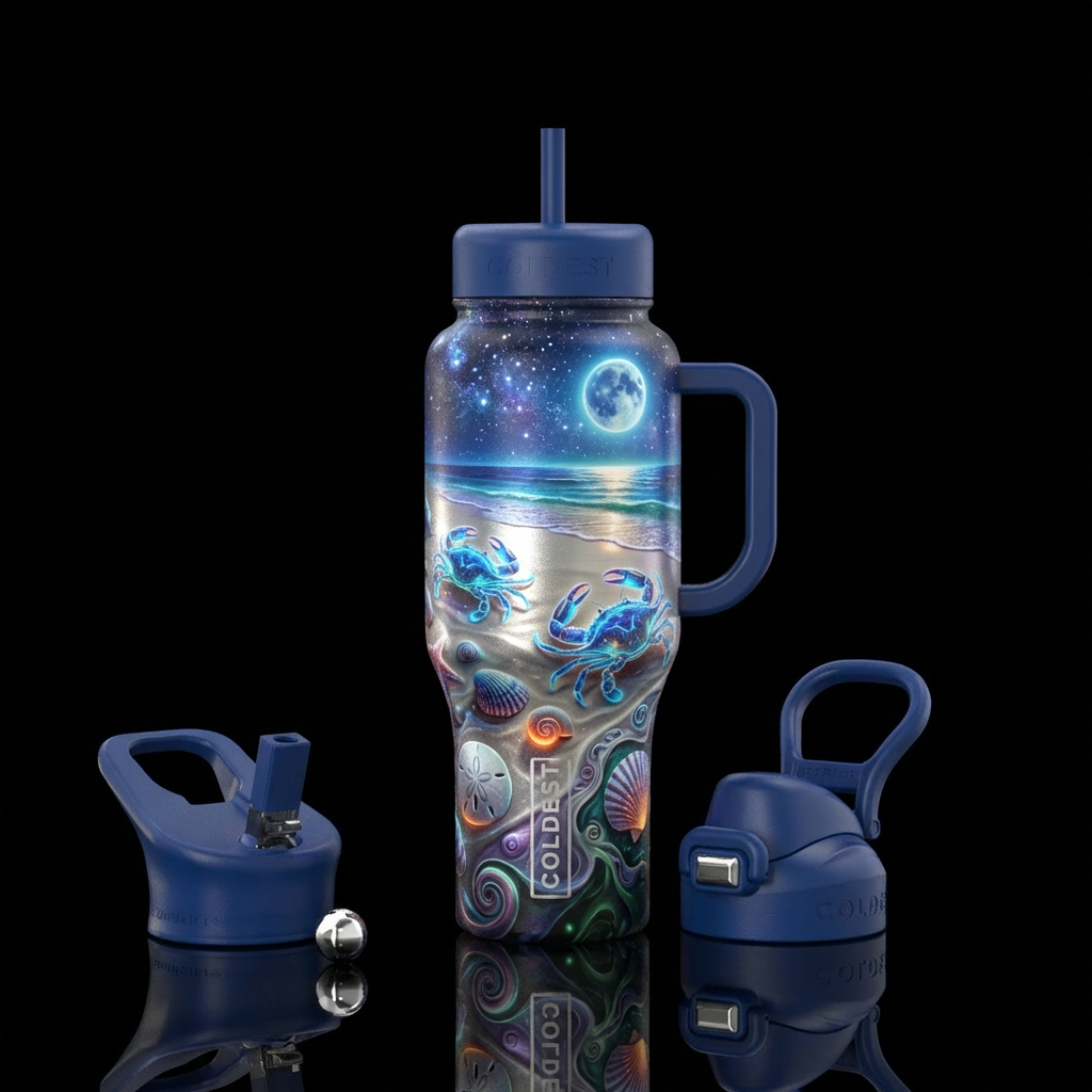 "beach, moonlight, clear starry night sky, blue cr... water bottle design