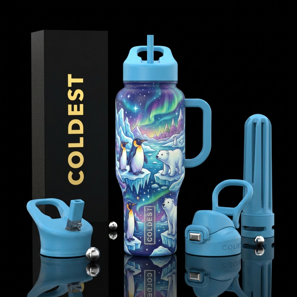 Create a bottle with empress penguins and polar be... water bottle design
