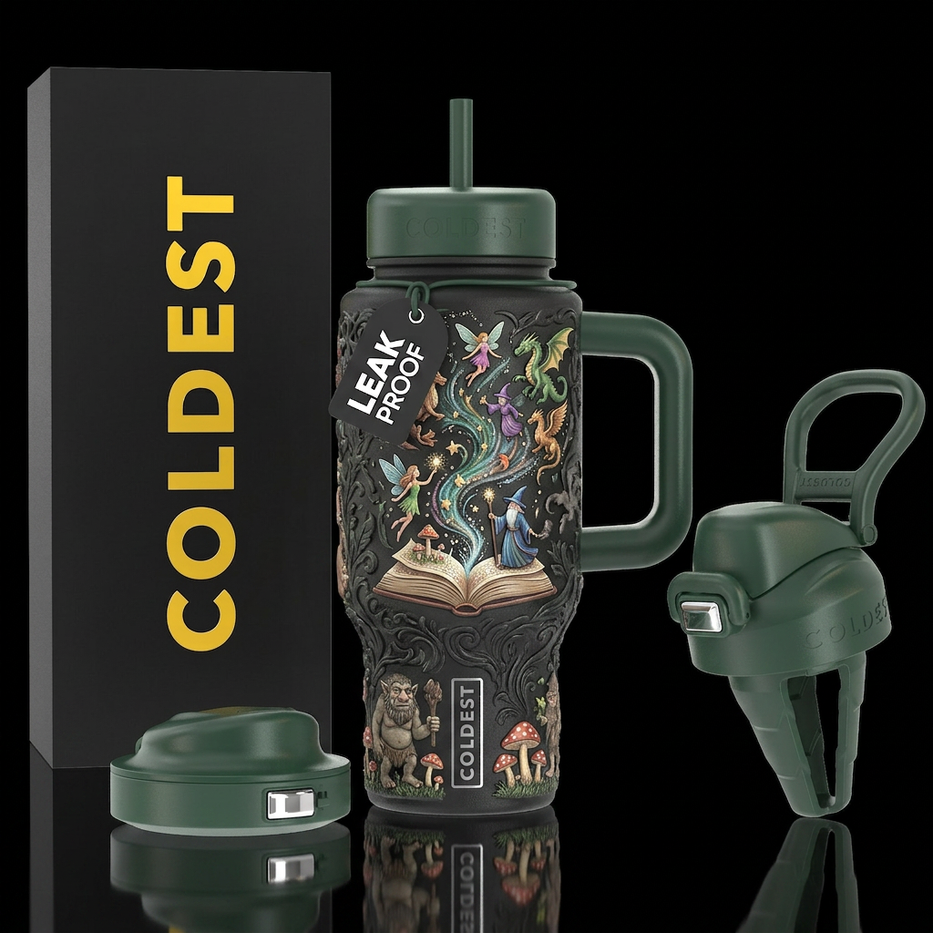books in the background, open with fairies, wizard... water bottle design