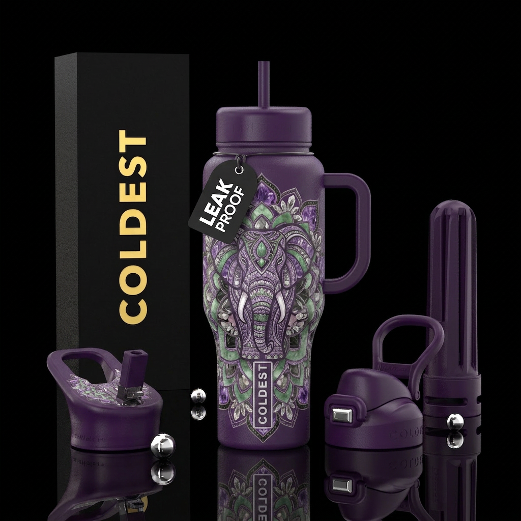 An Elephant mandala with Amethyst, green jade, her... water bottle design