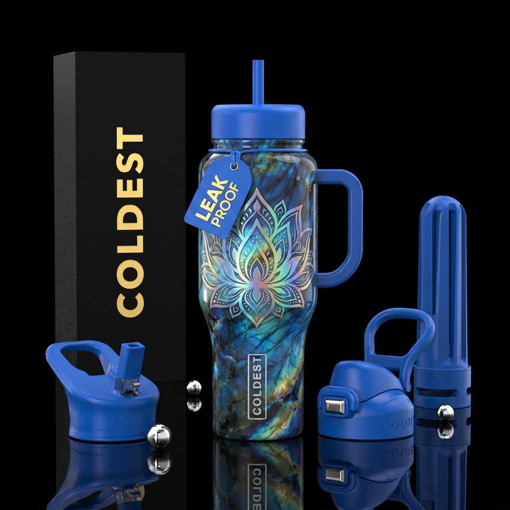 A pearlescent lotus flower mandala with a labrador... water bottle design