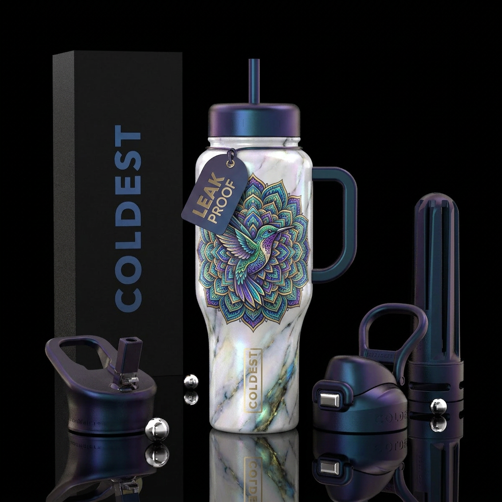 A  hummingbird mandala on front and back of bottle... water bottle design
