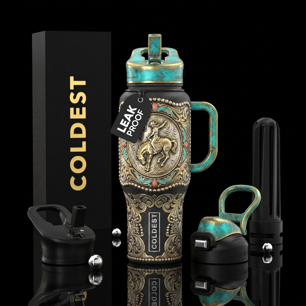 A cowgirl bronc rider, championship rodeo buckle, ... water bottle design