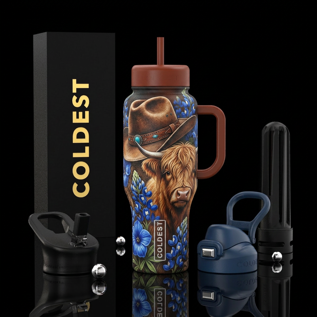 Cowgirl hat, Highland cow, Texas bluebells, 8D, se... water bottle design