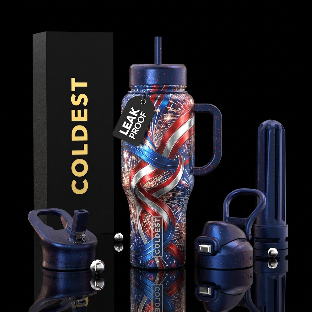 Design a metallic cup with red, white and blue rib... water bottle design