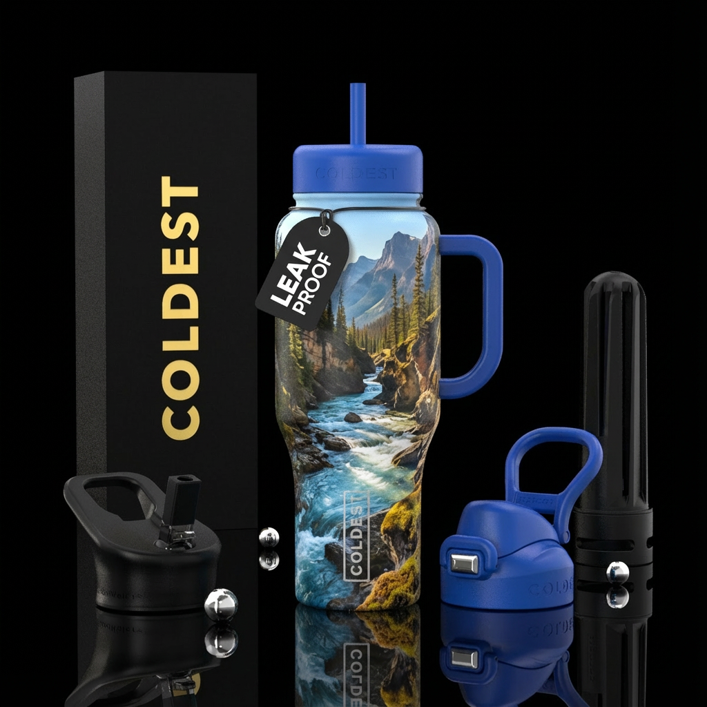 River in the mountains water bottle design