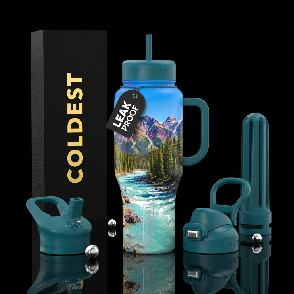 River in the mountains water bottle design