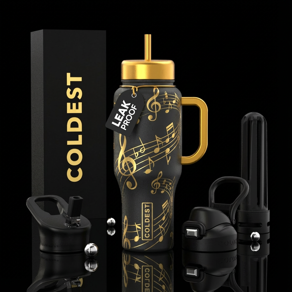 Golden music notes water bottle design