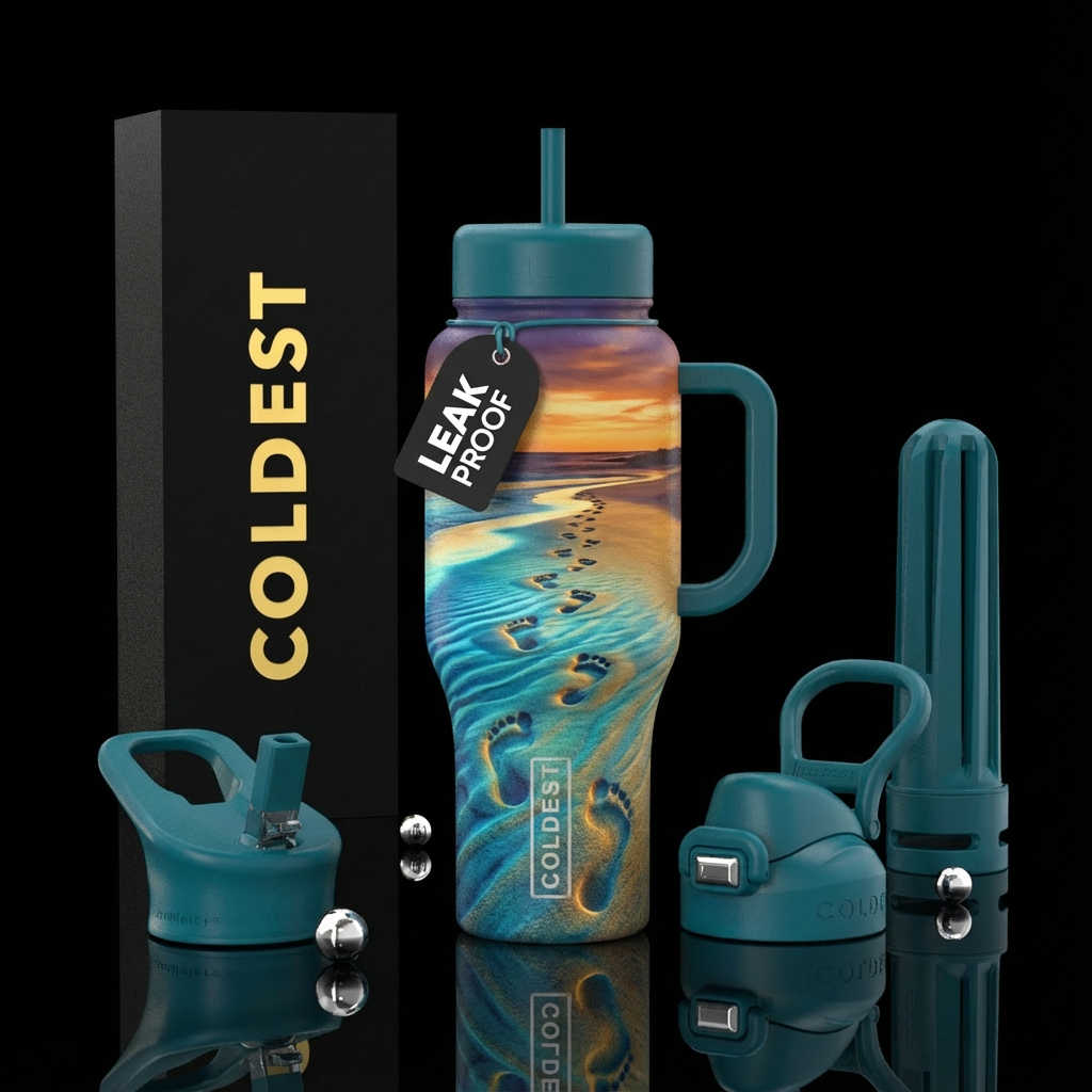 Footprints in the sand water bottle design