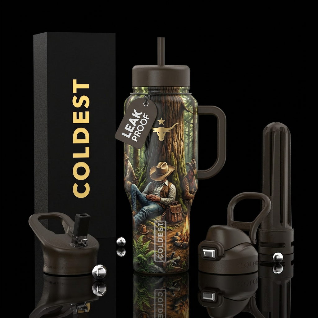 Cowboys in the woods laying next to a tree with co... water bottle design