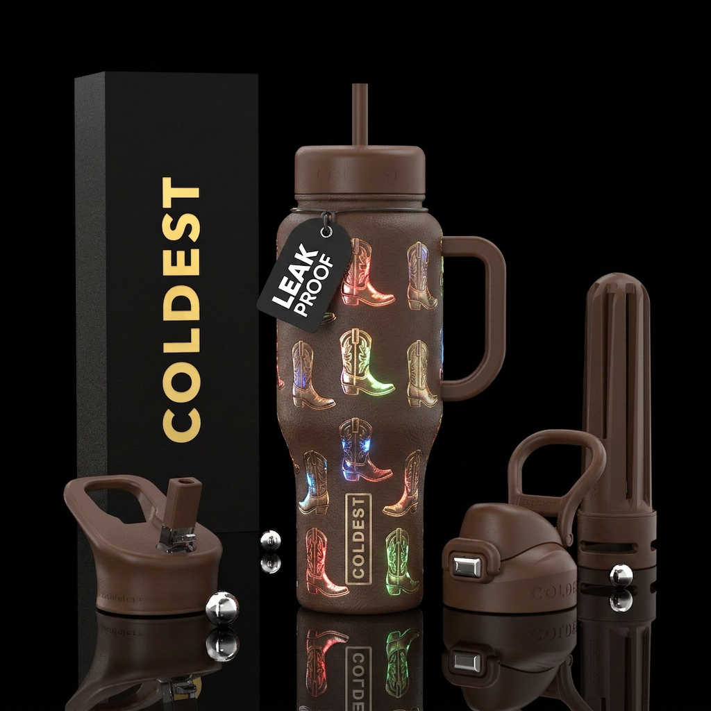 Shiny glowing western cowboy boots water bottle design